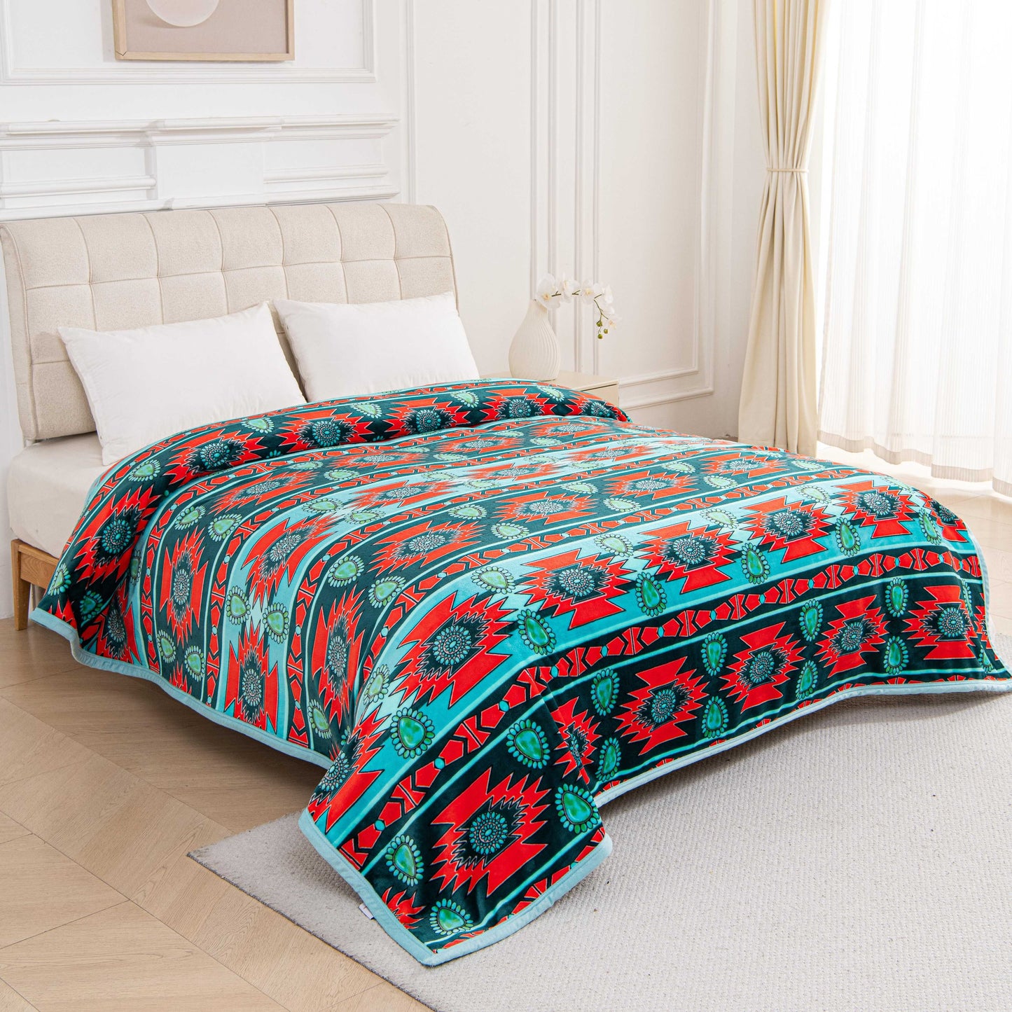 A50 - Turquoise & Red Southwest Aztec Flannel Blanket