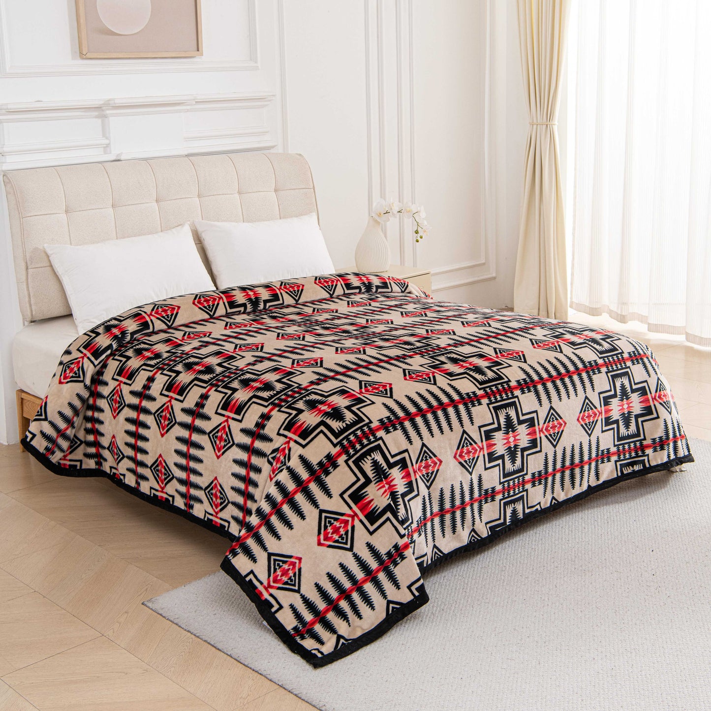 A53 - Tan & Red Southwest Aztec Flannel Blanket