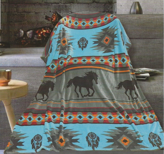 Blue Running Horse Twin Flannel Blanket