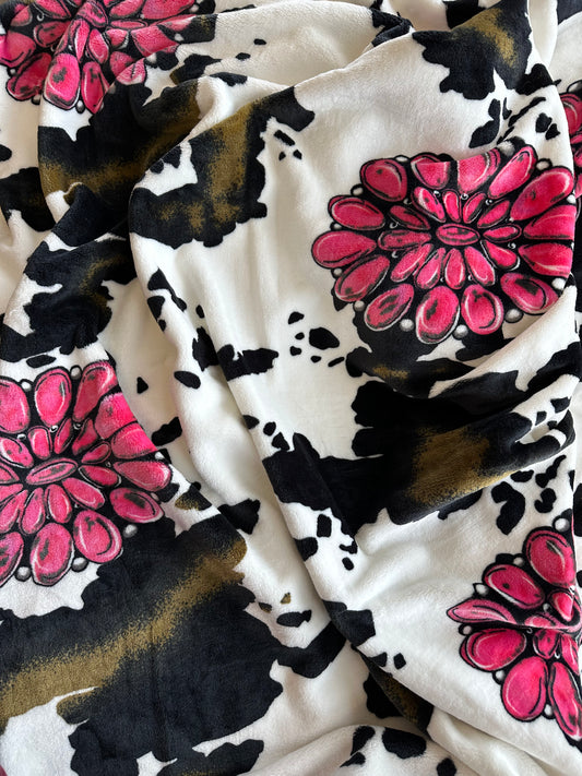 Pink Concho Cow Print Flannel Blanket
