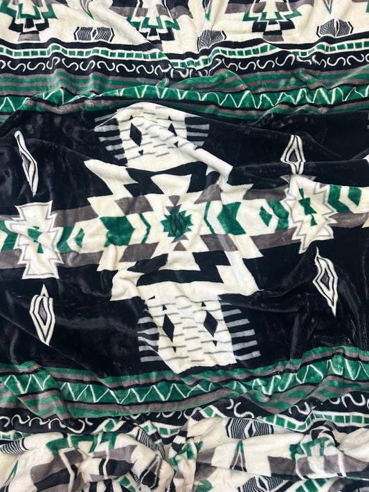 Green & Black Southwest Aztec Flannel Blanket