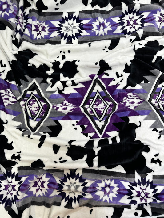 Purple Southwest Aztec Cow Print Flannel Blanket