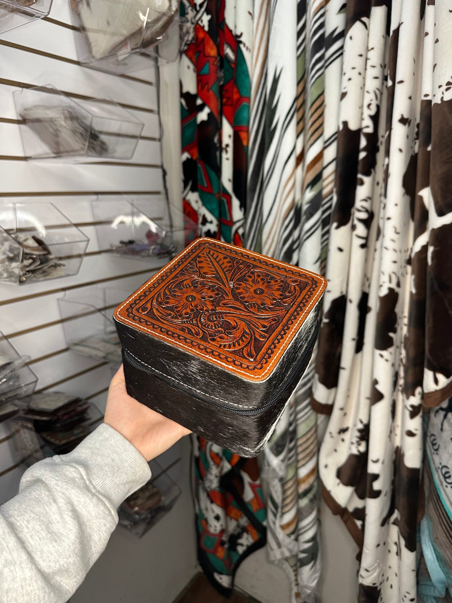 Black & White Genuine Cowhide Tooled Western Jewelry Box