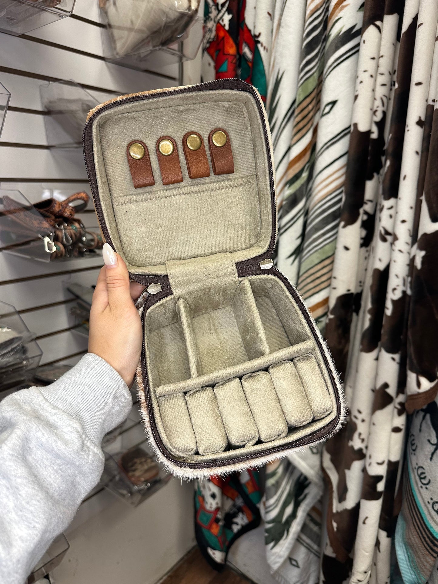 Tan Genuine Cowhide Tooled Western Jewelry Box