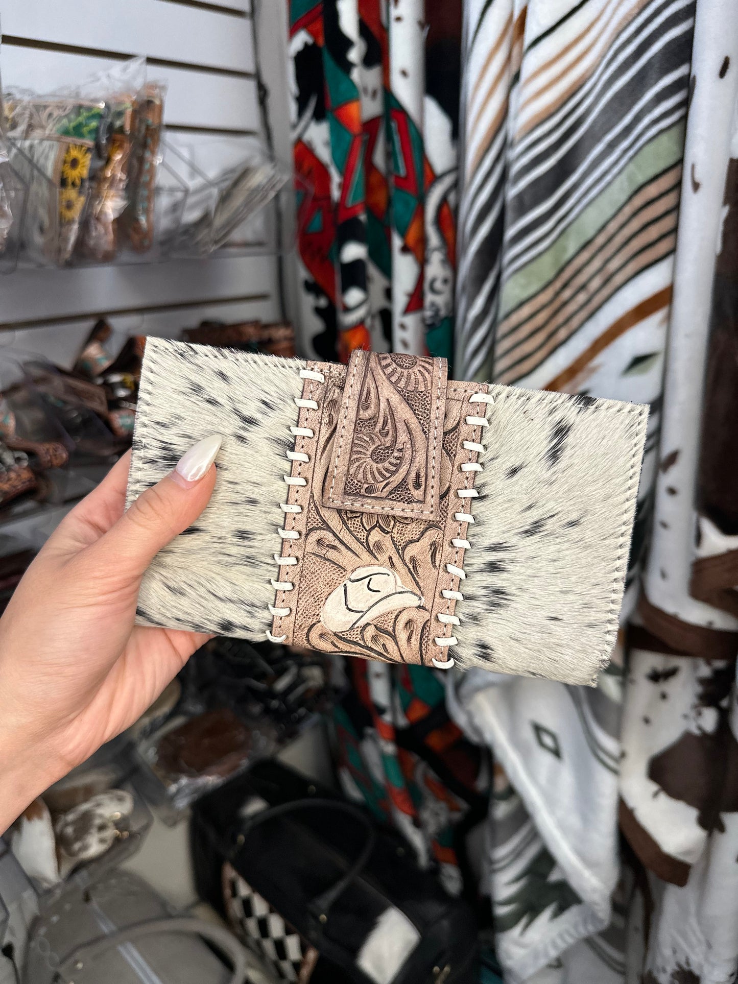 Genuine Western Tooled Cowhide Cowboy Hat Clutch Wallet