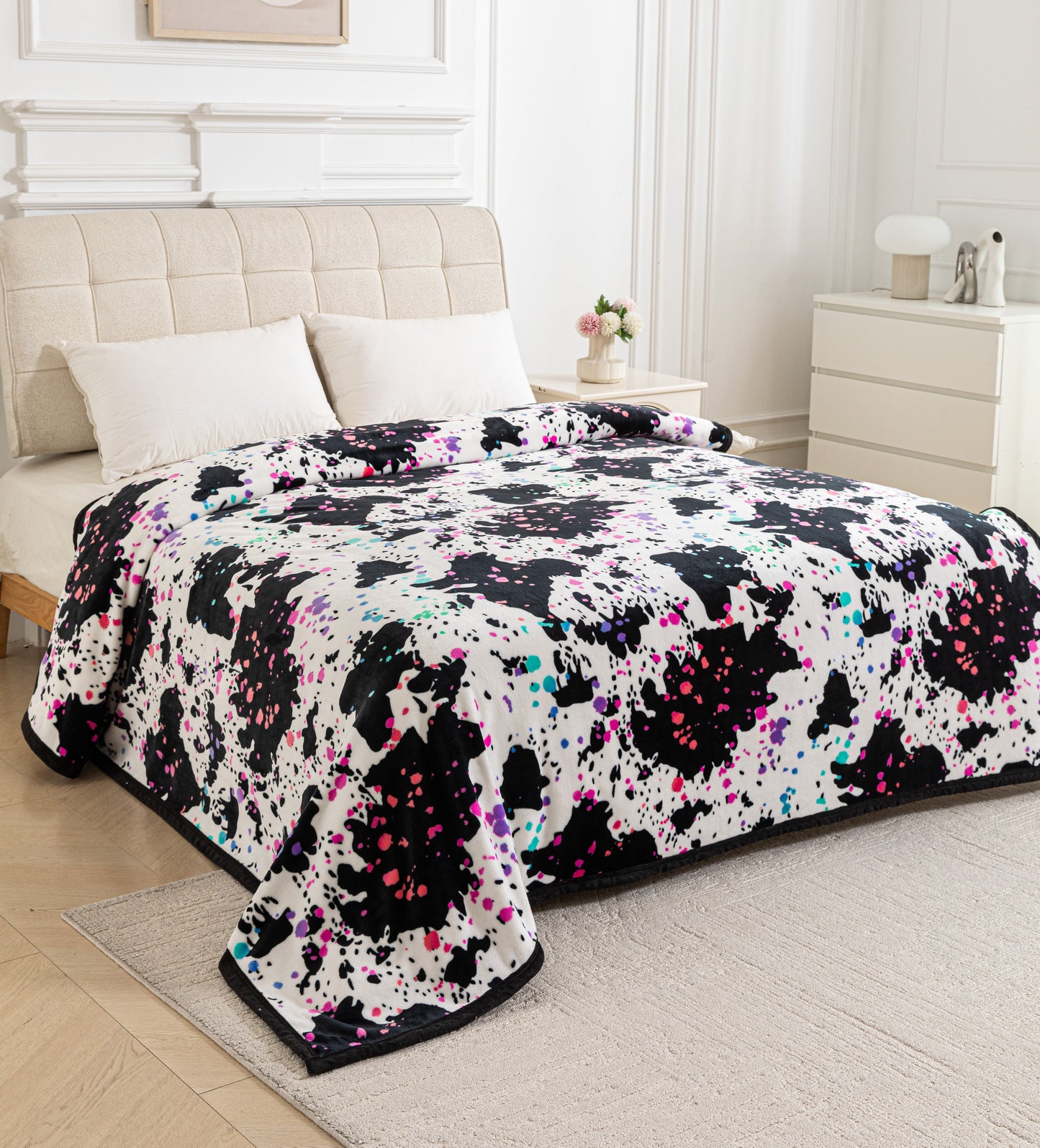 A61 - Rainbow Splatter Cow Print Flannel Blanket