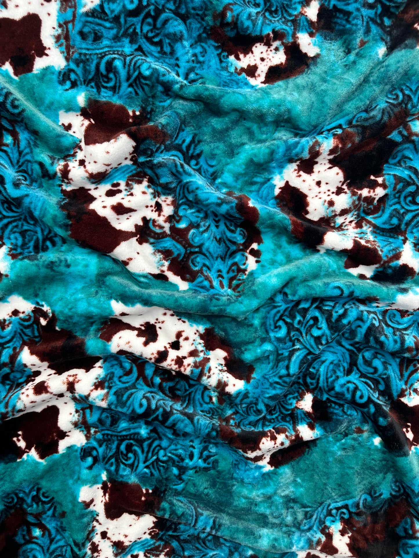 Teal Tooled Cow Print Twin Flannel Blanket