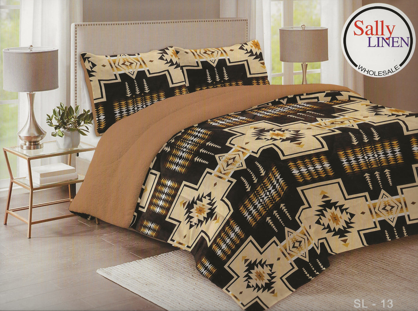 Tan & Black Southwest Aztec Borrego Blanket Set