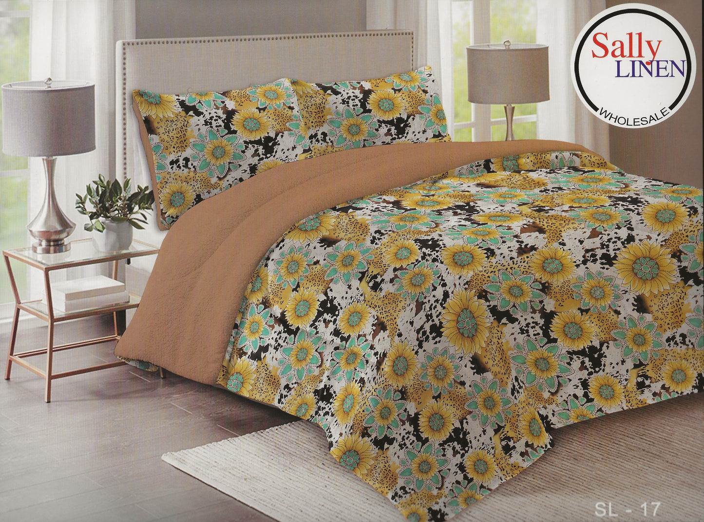 Cow Print Sunflower Borrego Blanket Set