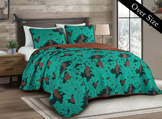 Teal Multicolor Cow Print Quilt Set