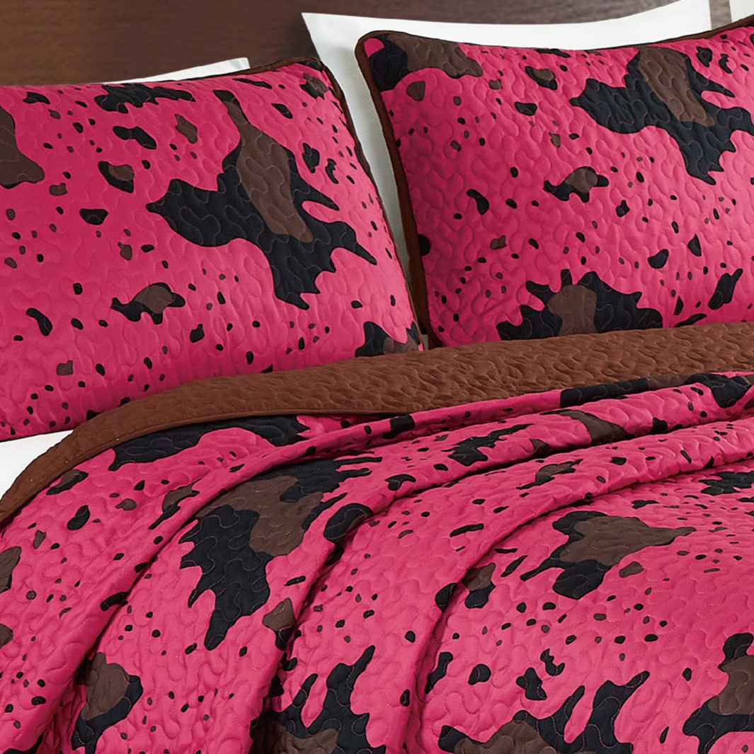 Pink Multicolor Cow Print Quilt Set