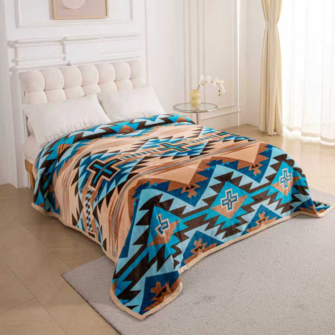 A37 - Tan & Blue Southwest Aztec Flannel Blanket