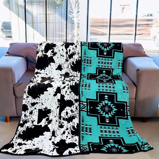 Turquoise Aztec Cow Reversible Flannel Blanket