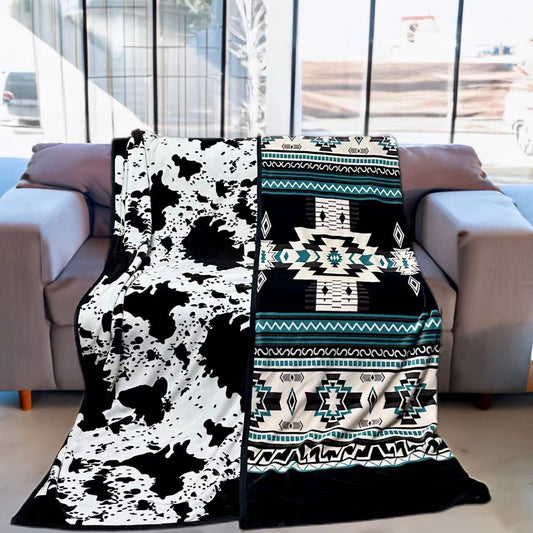 Black Aztec Cow Reversible Flannel Blanket