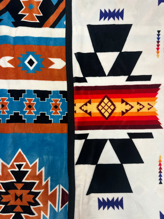 Blue & White 2 Ply Reversible Aztec Flannel Blanket