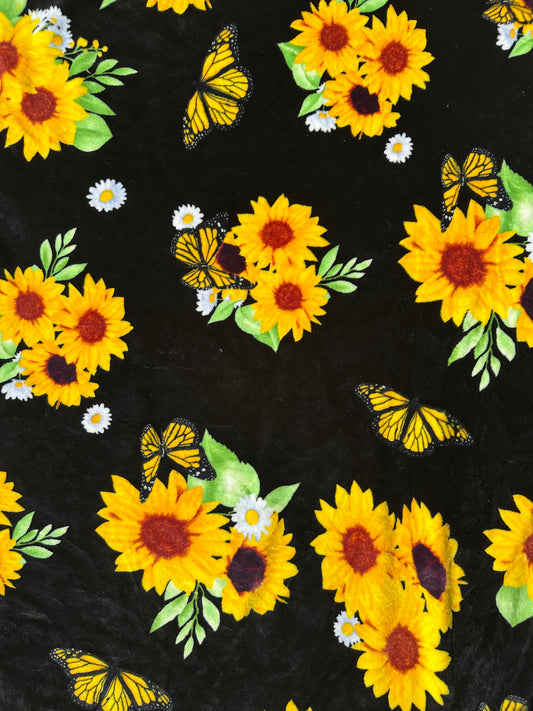 SW09 - Black Sunflower & Butterfly Floral Flannel Blanket