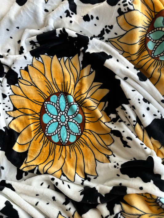 Sunflower Cow Print Twin Flannel Blanket