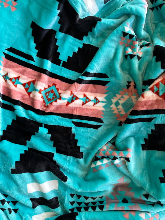 Teal & Black Southwest Aztec Twin Flannel Blanket
