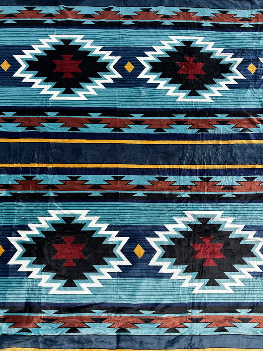 S12 - Navy & Turquoise Southwest Aztec Flannel Blanket