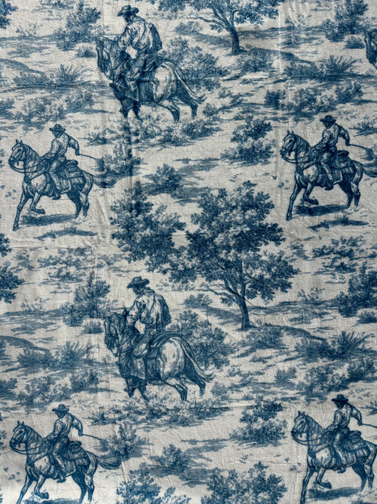 A22 - Blue Toile Western Cowboy Flannel Blanket