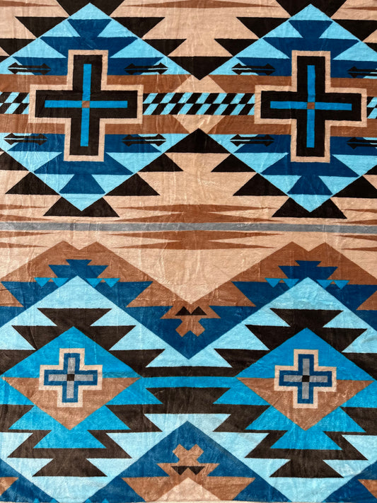 A37 - Tan & Blue Southwest Aztec Flannel Blanket