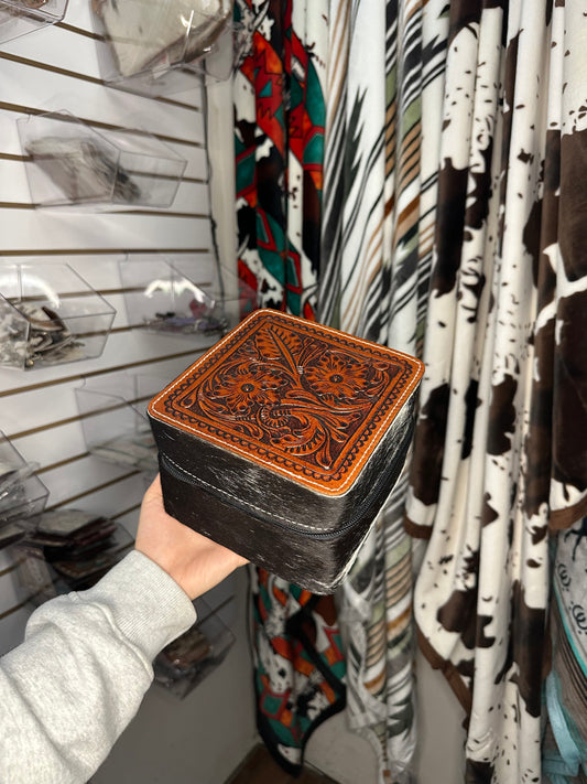 Black & White Genuine Cowhide Tooled Western Jewelry Box