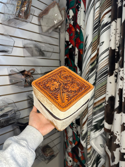 Tan Genuine Cowhide Tooled Western Jewelry Box