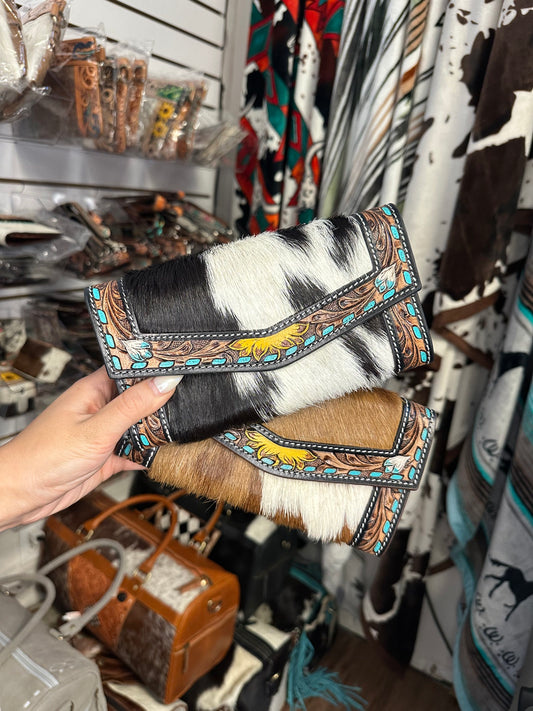 Genuine Western Tooled Sunflower Cowhide Clutch Wallet