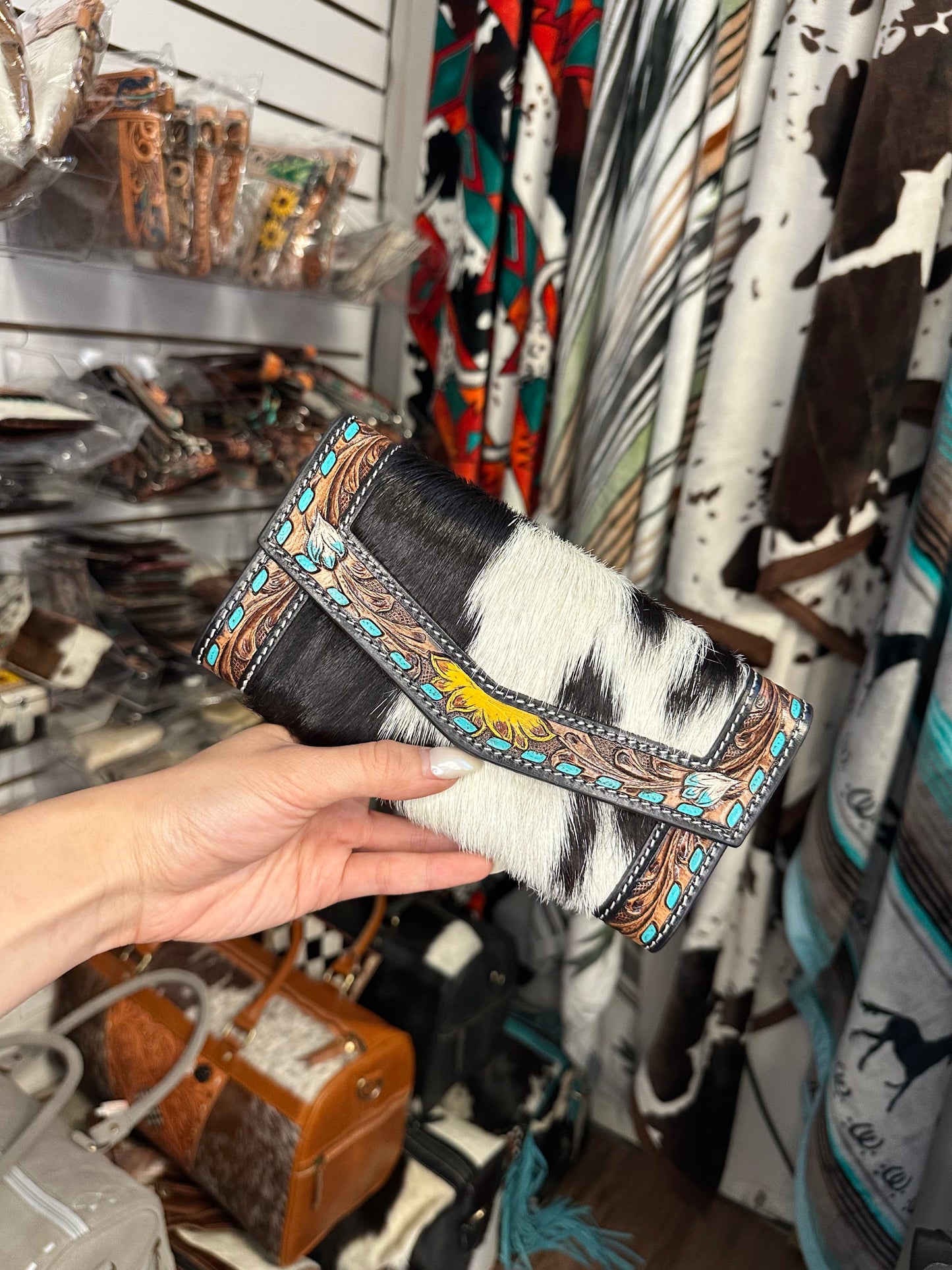 Genuine Western Tooled Sunflower Cowhide Clutch Wallet