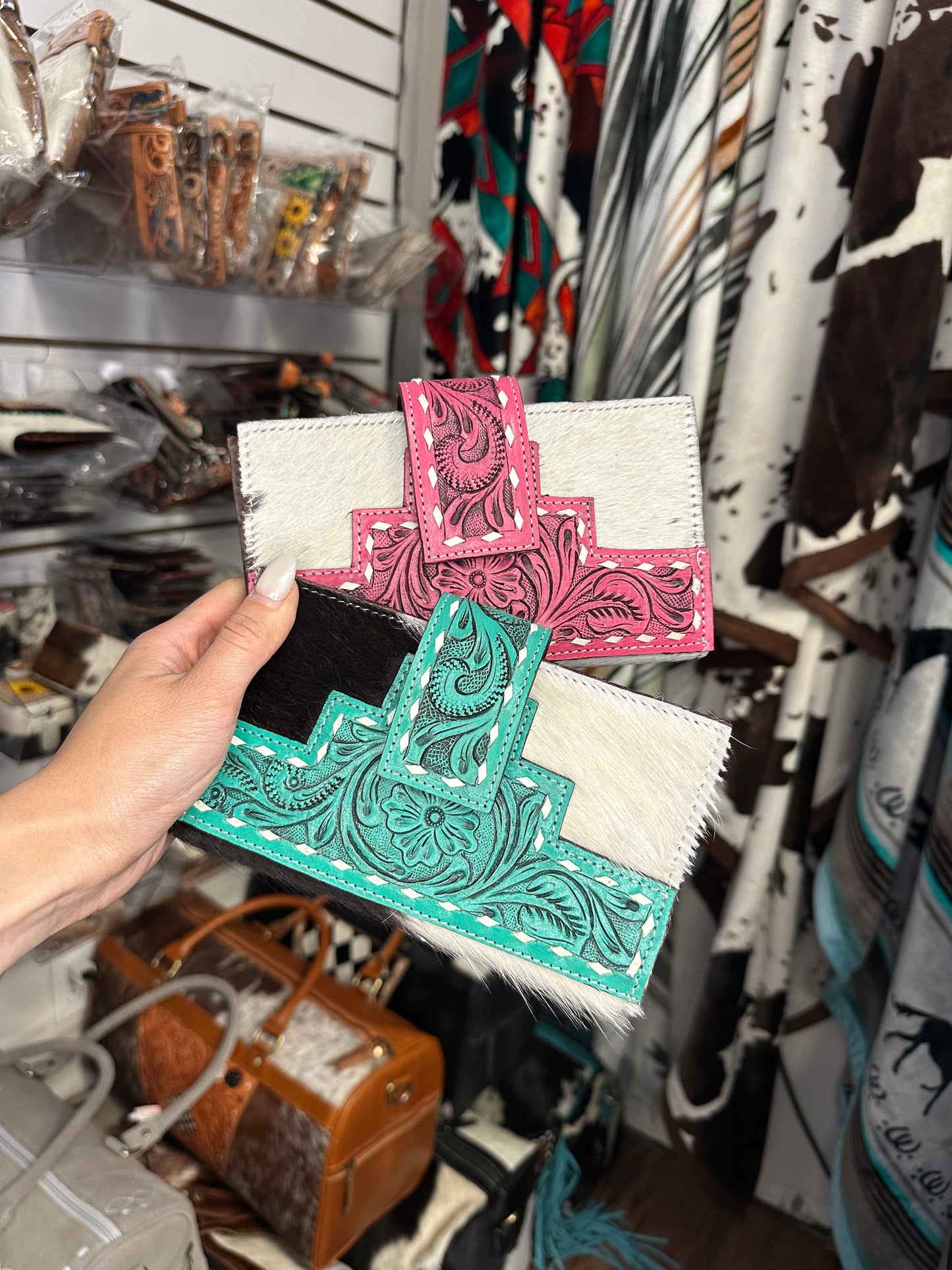 Genuine Western Tooled Hair-On Cowhide Clutch Wallet