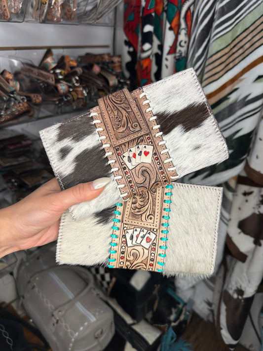 Genuine Western Tooled Cowhide Lucky Cards Clutch Wallet
