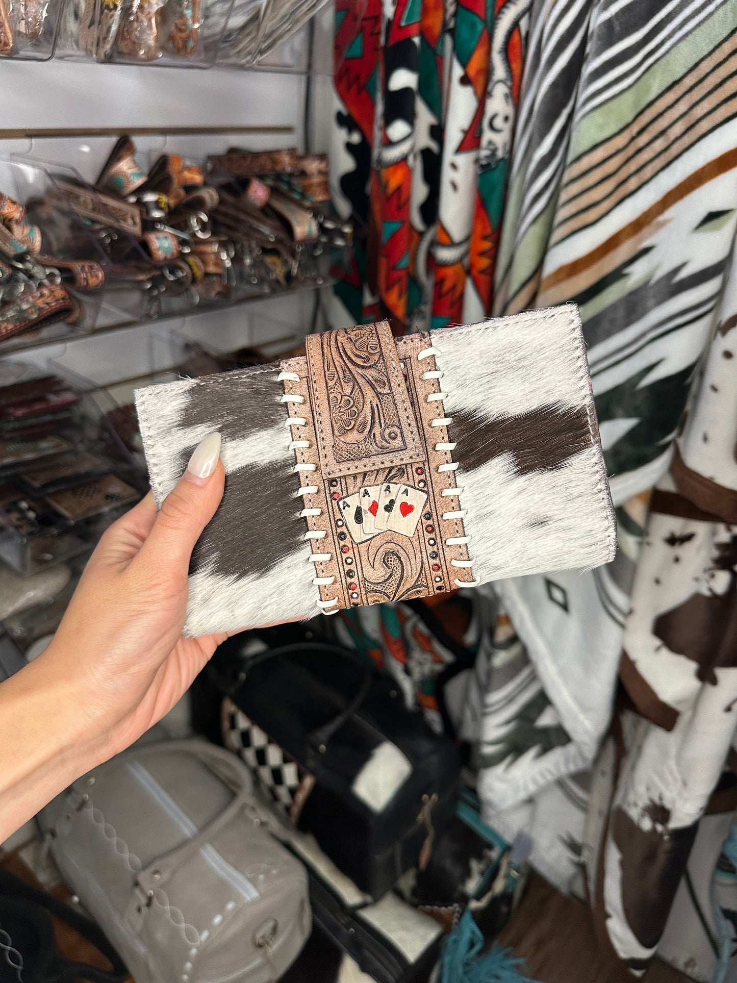 Genuine Western Tooled Cowhide Lucky Cards Clutch Wallet