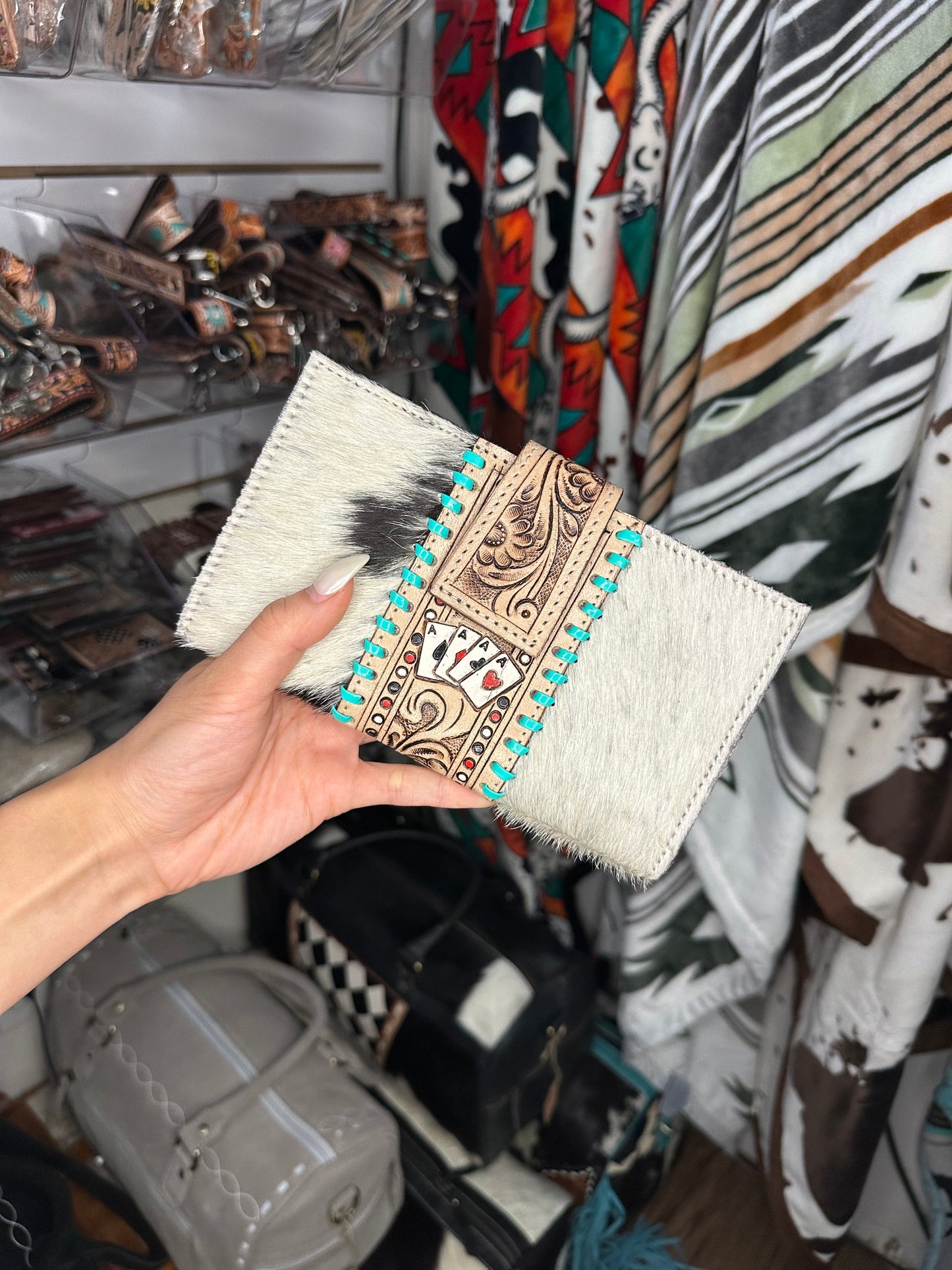 Genuine Western Tooled Cowhide Lucky Cards Clutch Wallet