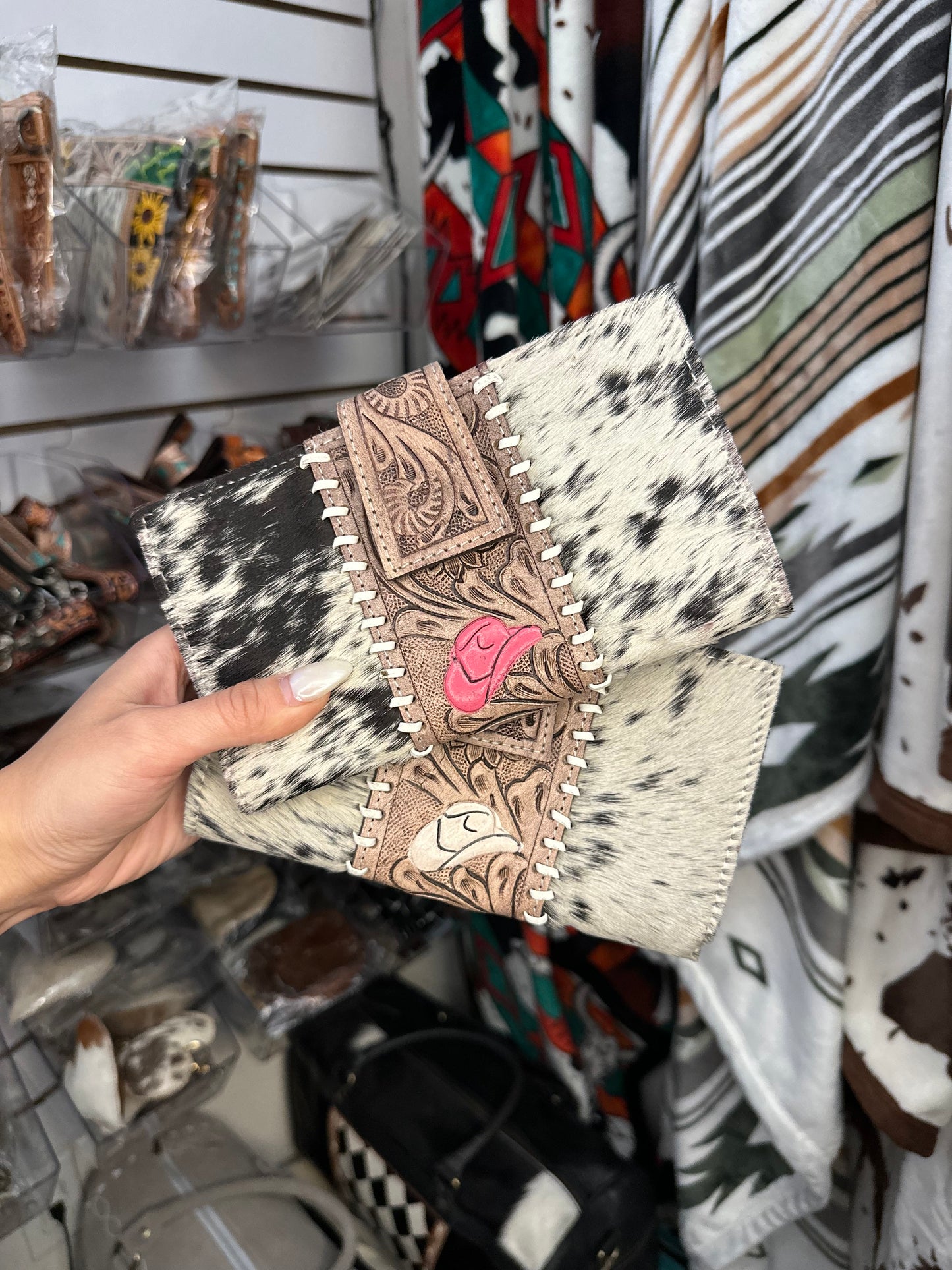 Genuine Western Tooled Cowhide Cowboy Hat Clutch Wallet