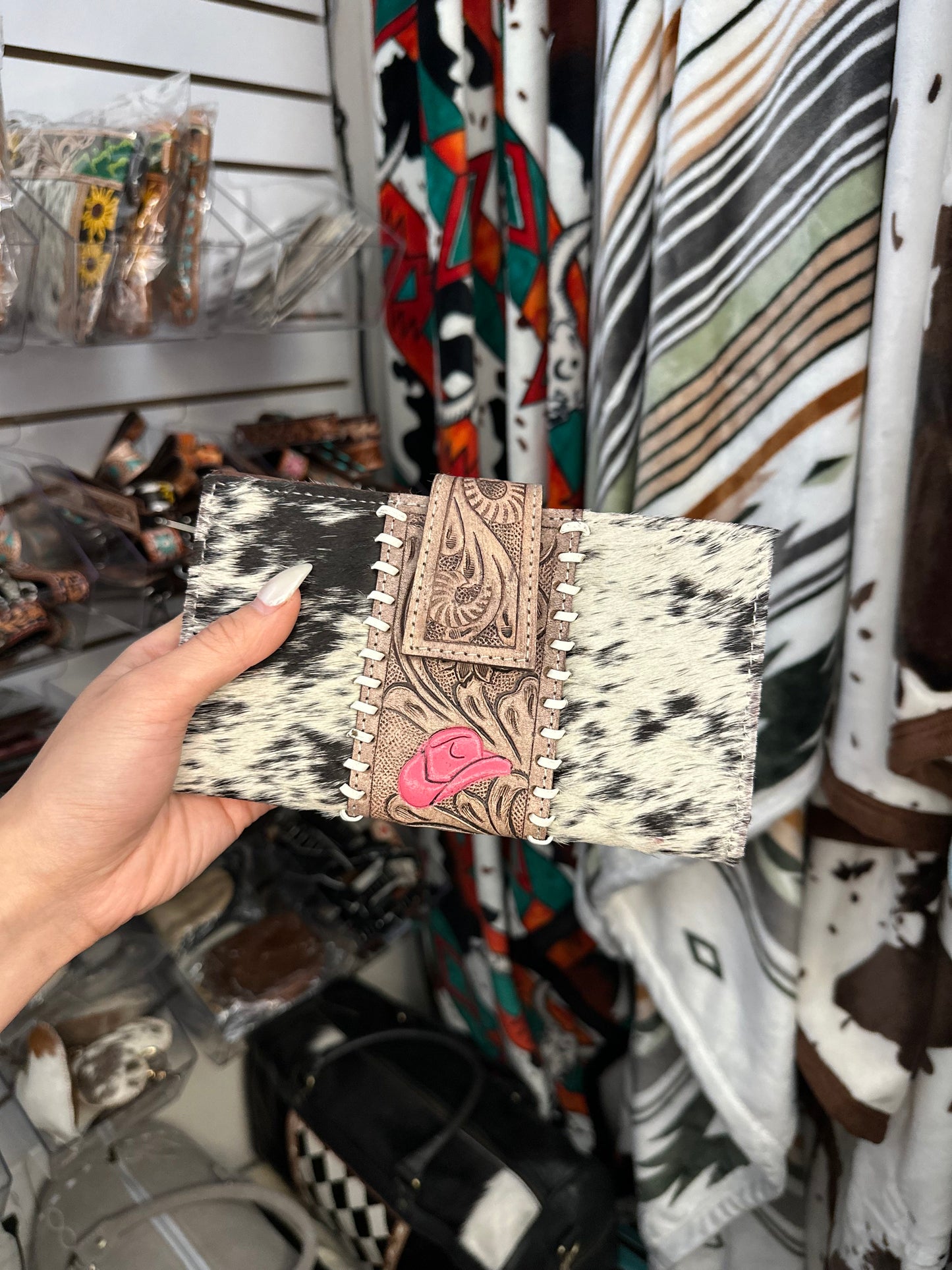 Genuine Western Tooled Cowhide Cowboy Hat Clutch Wallet