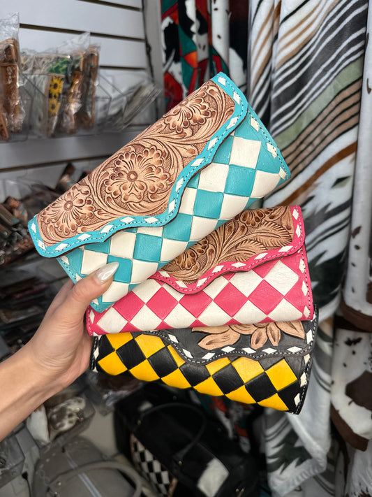 Genuine Western Tooled Checkered Clutch Wallet & Wristlet
