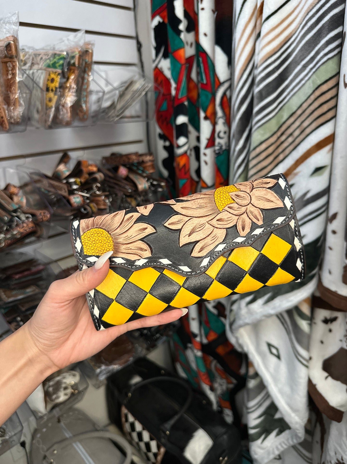 Genuine Western Tooled Checkered Clutch Wallet & Wristlet