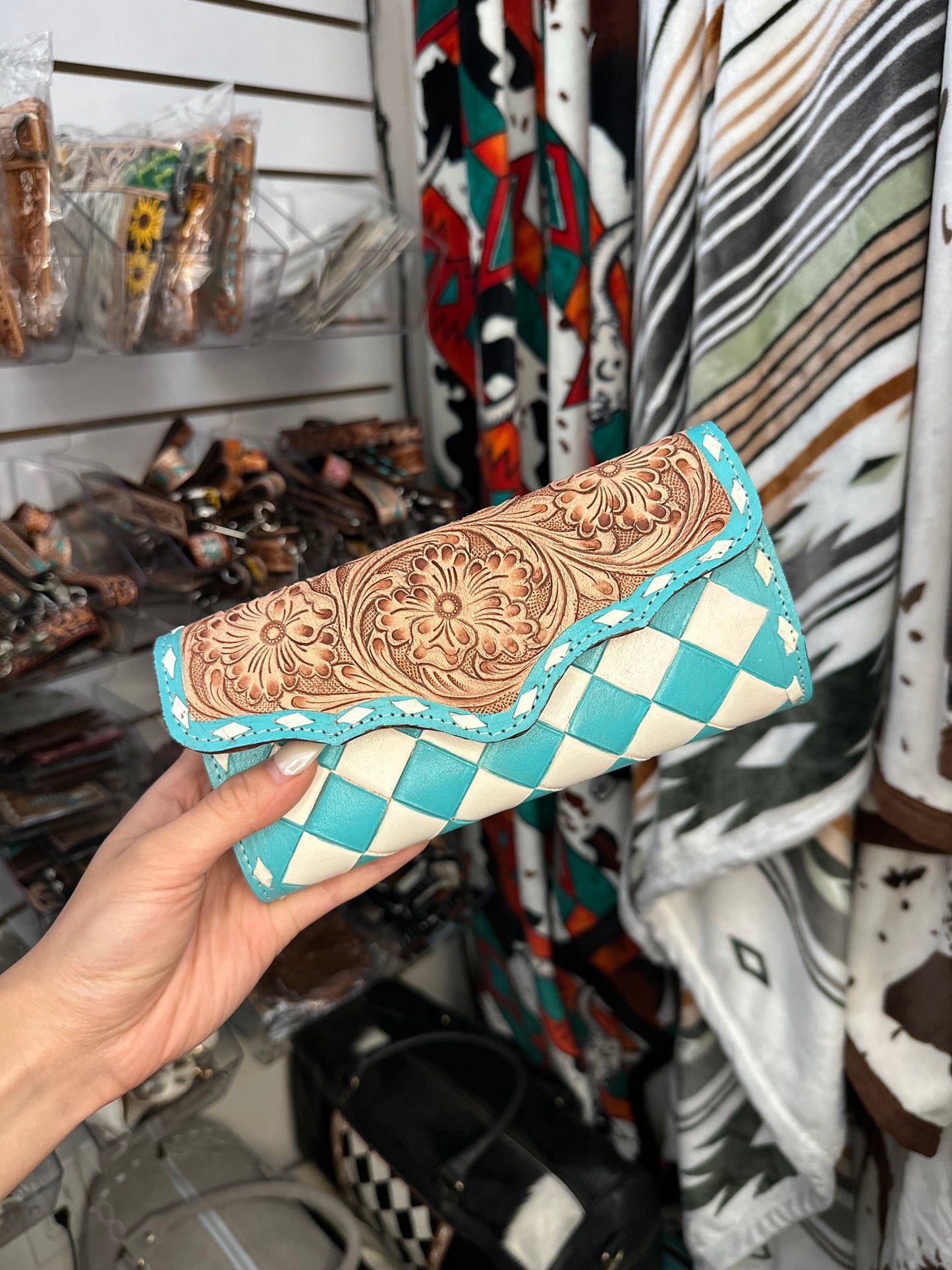 Genuine Western Tooled Checkered Clutch Wallet & Wristlet