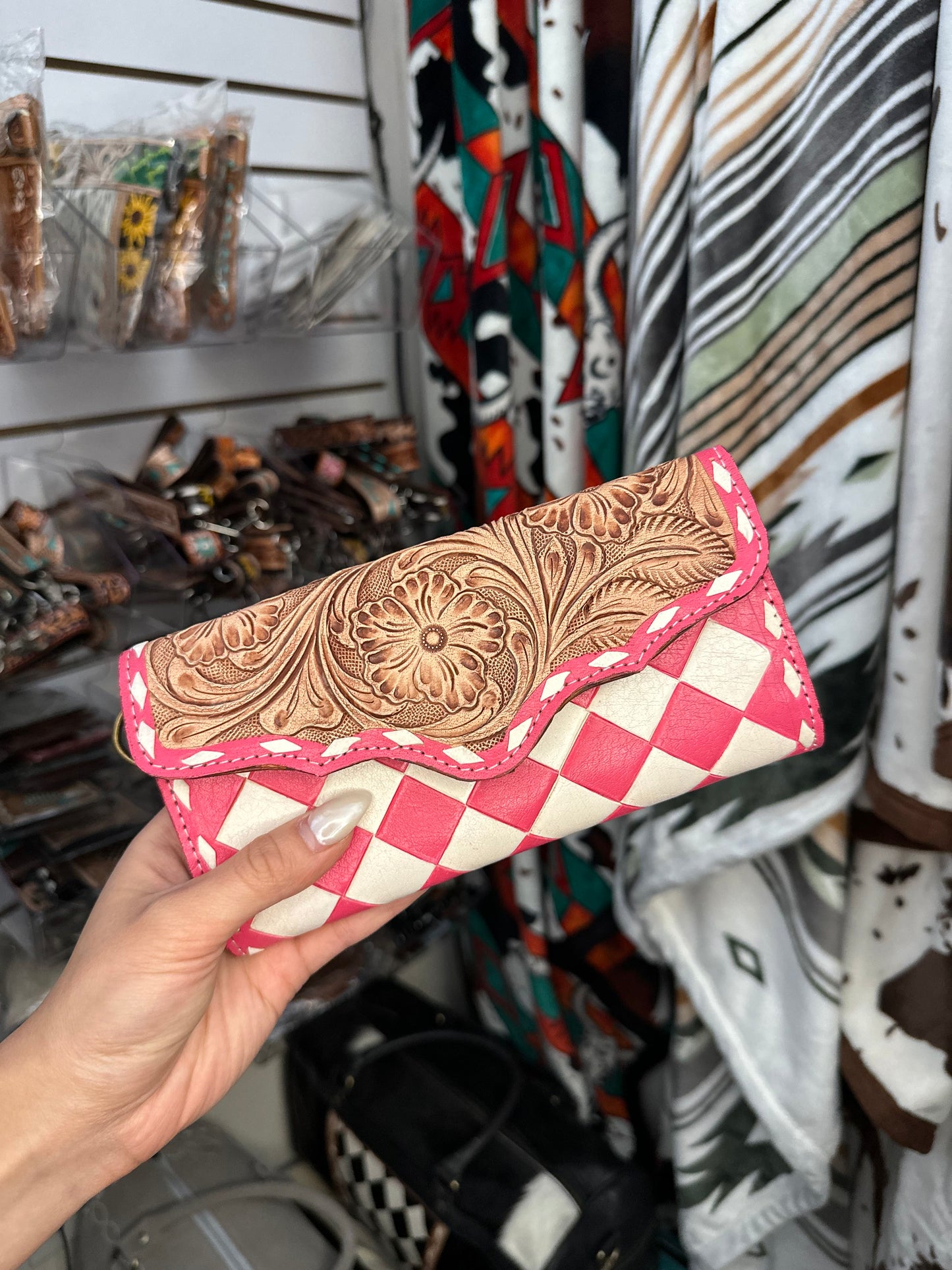 Genuine Western Tooled Checkered Clutch Wallet & Wristlet