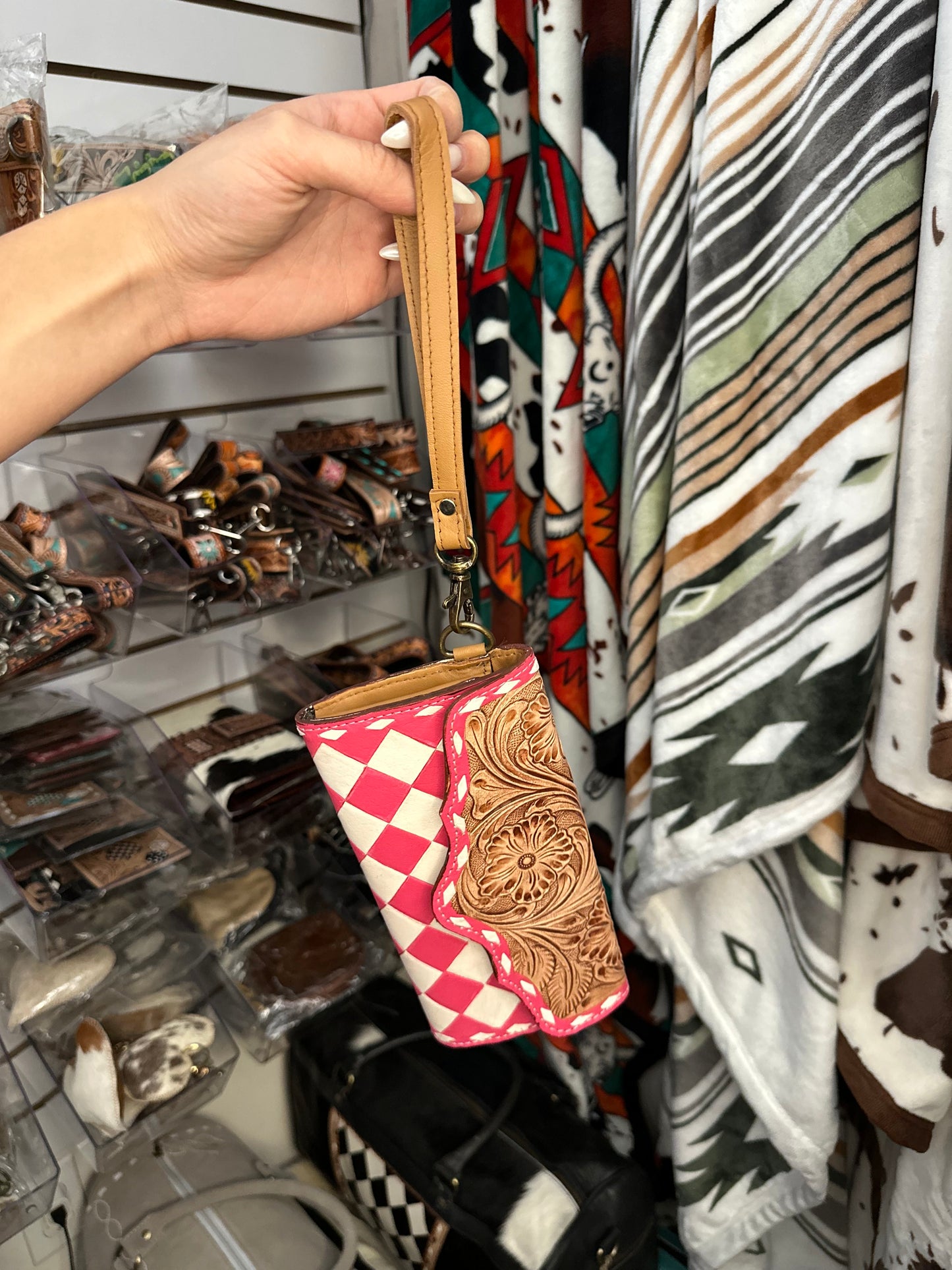 Genuine Western Tooled Checkered Clutch Wallet & Wristlet
