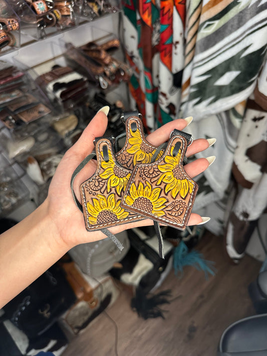 Genuine Tooled Leather Sunflower Keychain