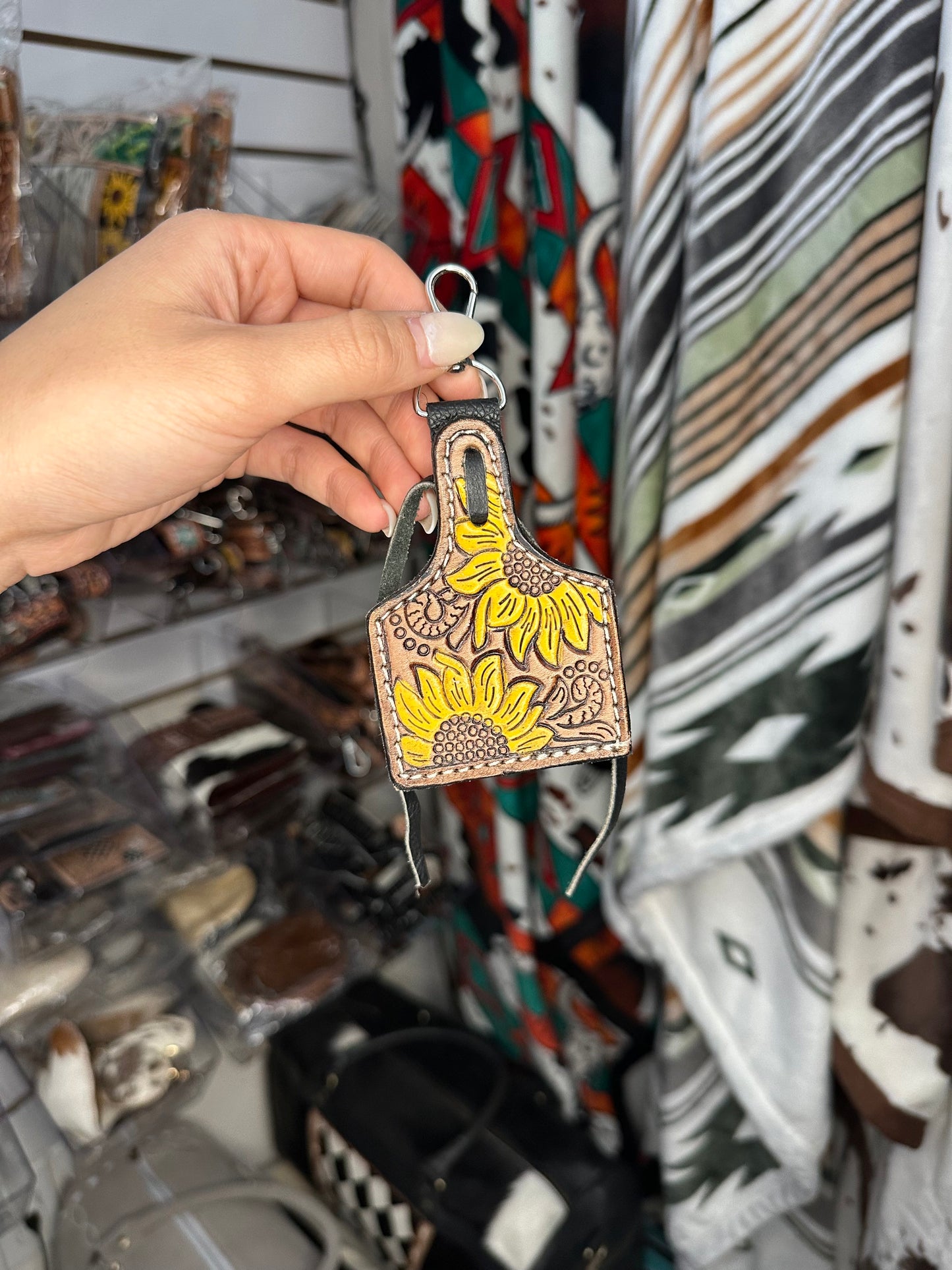 Genuine Tooled Leather Sunflower Keychain