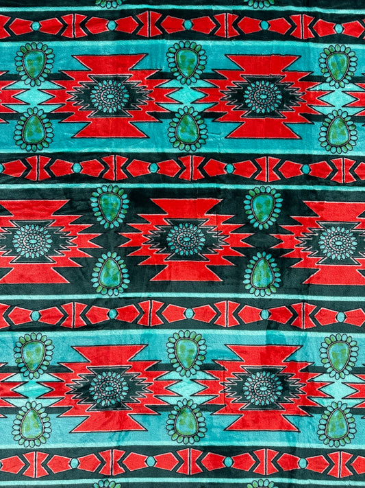 A50 - Turquoise & Red Southwest Aztec Flannel Blanket