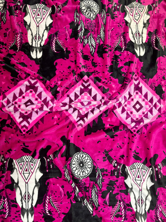 S6 - Hot Pink Southwest Steer Cow Print Flannel Blanket