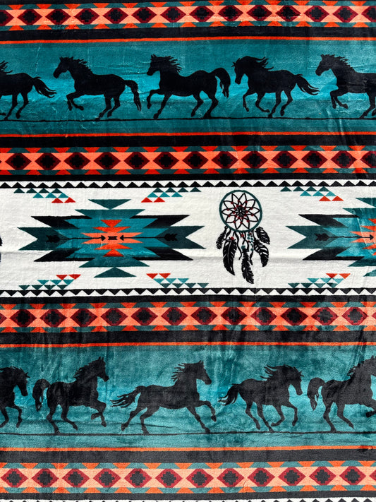 SW61 - Green Running Horse Southwest Aztec Flannel Blanket