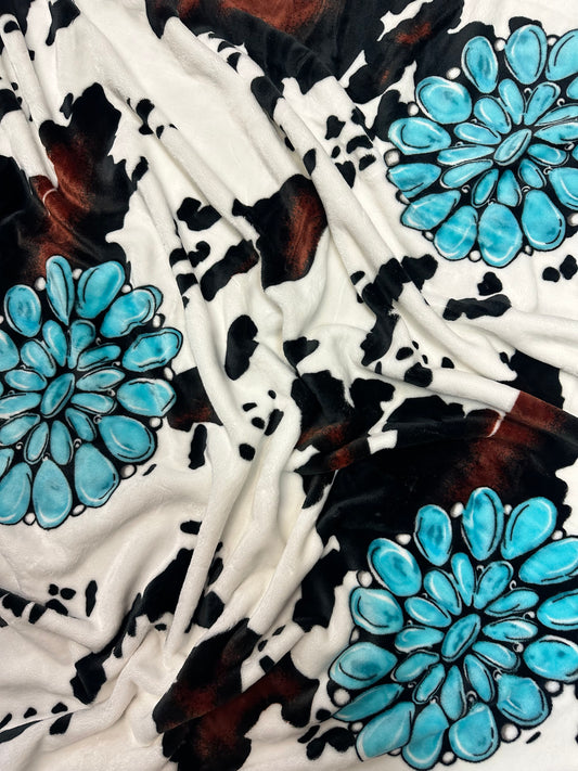 Turquoise Concho Cow Print Flannel Blanket