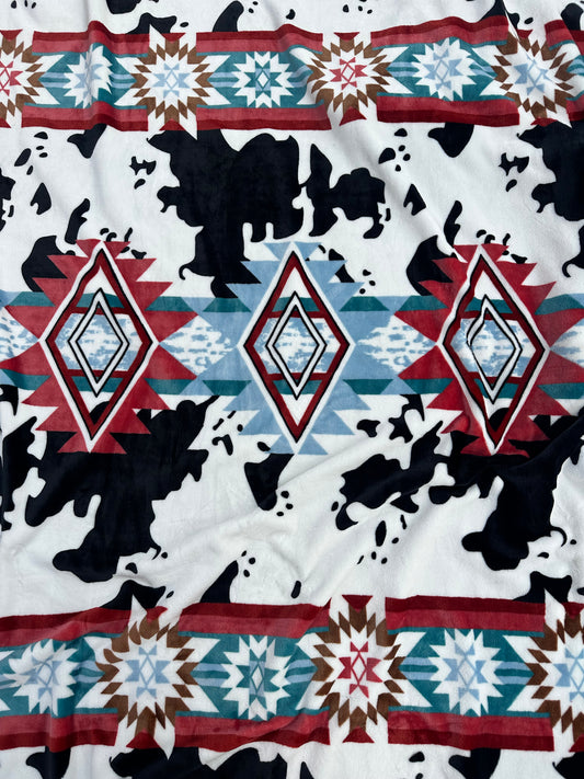 Blue & Red Southwest Aztec Cow Print Flannel Blanket