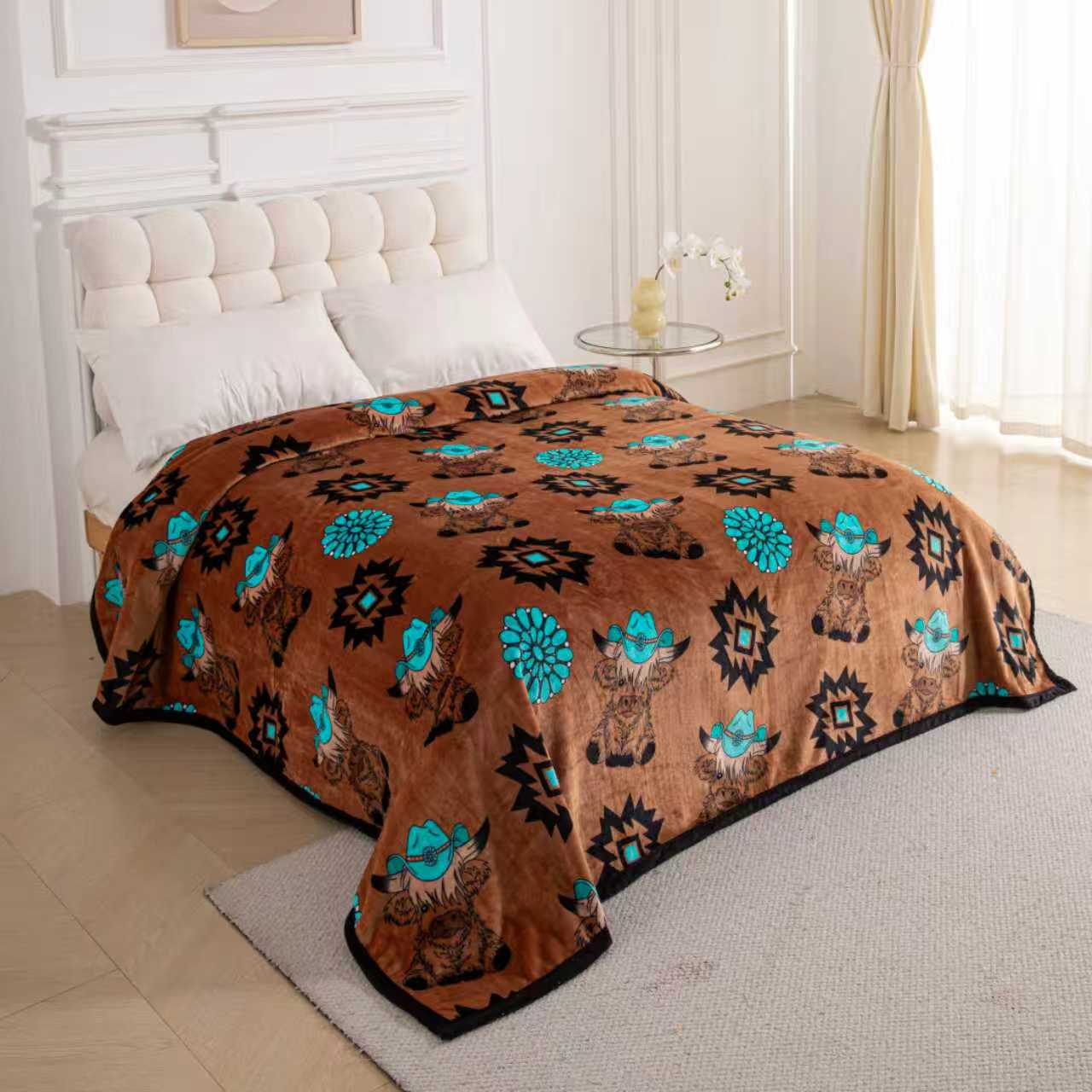 A34 - Brown Highland Cow & Concho Flannel Blanket