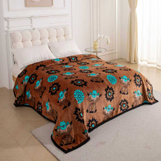A34 - Brown Highland Cow & Concho Flannel Blanket