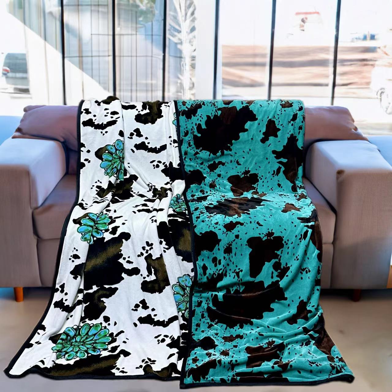 Turquoise Concho Cow Reversible Flannel Blanket